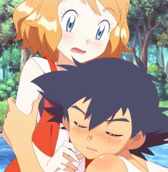 Rule 34 | 1boy, 1girl, :o, arm grab, ash ketchum, bare shoulders, black hair, blonde hair, blush, creatures (company), dress, eyebrows, closed eyes, game freak, hetero, highres, hug, nintendo, nose blush, open clothes, open mouth, open vest, pokemon, pokemon (anime), red vest, serena (pokemon), short hair, sleeveless, sleeveless dress, stitched, surprised, tank top, teeth, third-party edit, upper body, vest