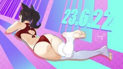 Rule 34 | 1girl, :d, animal ears, ass, bare shoulders, bikini, breast press, breasts, brown eyes, brown hair, dated, feet, from behind, full body, gradient background, highres, honkai: star rail, honkai (series), large breasts, leng sediao kafei, long hair, looking at viewer, looking back, lying, on stomach, open mouth, ponytail, red bikini, signature, smile, soles, solo, swimsuit, thighhighs, tingyun (honkai: star rail), toeless legwear, underboob, white thighhighs