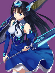 Rule 34 | 1girl, black hair, blue eyes, detached sleeves, dress, fumiake manami, glowing, glowing weapon, impossible clothes, junketsu duelion, long hair, mecha musume, official art, purple background, simple background, skirt, solo, thighhighs, weapon, yangsion