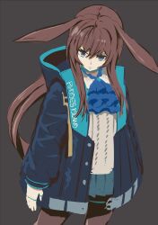Rule 34 | 1girl, amiya (arknights), animal ears, arknights, arms at sides, black background, blue coat, blue eyes, brown hair, brown pantyhose, closed mouth, coat, ears down, frown, highres, hood, hood down, hooded coat, ascot, long hair, long sleeves, looking at viewer, miniskirt, open clothes, open coat, pantyhose, rabbit ears, shiro3necro, shirt, simple background, sketch, skirt, solo, v-shaped eyebrows, white shirt