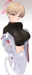 Rule 34 | 1girl, ashita (2010), black shirt, blue archive, breasts, brown hair, gloves, gradient background, grey background, halo, large breasts, looking at viewer, marina (blue archive), midriff, navel, pants, red halo, revision, shirt, short hair, solo, standing, white background, white gloves, white pants, white uniform, yellow eyes