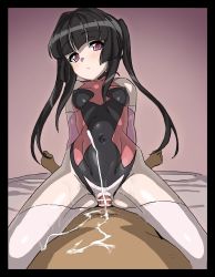Rule 34 | 1boy, 1girl, bare shoulders, black hair, blush, breasts, closed mouth, covered erect nipples, covered navel, crotch cutout, cum, ejaculation, girl on top, gradient background, grinding, hetero, highres, inai uchi, leotard, long hair, looking at viewer, pink eyes, purple background, rubbing, senki zesshou symphogear, simple background, sketch, small breasts, thighhighs, tsukuyomi shirabe, white thighhighs