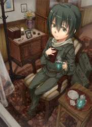 Rule 34 | 00s, 1girl, androgynous, armchair, book, cabinet, chair, chest of drawers, crossdressing, cup, curtains, desk, dutch angle, female focus, flower, from above, full body, gabiran, green eyes, green hair, hatrack, highres, indoors, kettle, kino (kino no tabi), kino no tabi, lamp, looking at viewer, looking up, matching hair/eyes, pants, perspective, photo (object), pine cone, reverse trap, rug, saucer, short hair, sitting, smile, solo, steam, sugar, suitcase, tea, teapot, tray, vase, window
