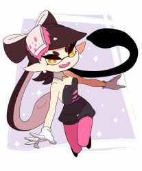 Rule 34 | + +, 1girl, bare shoulders, black hair, black jumpsuit, breasts, callie (splatoon), cleavage, coula cat, detached collar, earrings, fang, food, food on head, full body, gloves, hair rings, highres, inkling, jewelry, jumpsuit, mole, mole under eye, nintendo, object on head, open mouth, orange hair, pantyhose, pink pantyhose, pointy ears, short jumpsuit, small breasts, solo, splatoon (series), splatoon 1, strapless, symbol-shaped pupils, tentacle hair, thigh gap, white gloves