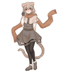 Rule 34 | 1girl, adapted costume, animal ears, black gloves, black pantyhose, brown eyes, capelet, dress, gem, gloves, grey dress, grey hair, hat, hat with ears, highres, jewelry, kuro suto sukii, limited palette, long sleeves, mouse ears, mouse tail, nazrin, necklace, pantyhose, pendant, scarf, solo, tail, touhou, winter clothes