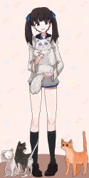 Rule 34 | 10s, 1girl, animal, brave witches, brown hair, cat, full body, georgette lemare, grey eyes, hair ribbon, holding, holding animal, ika (hinatu1992), long hair, long sleeves, military, military uniform, ribbon, simple background, solo, standing, strike witches, twintails, uniform, world witches series