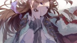 Rule 34 | 10s, 1girl, breasts, brown hair, epaulettes, hand on another&#039;s face, hastune, jacket, long hair, looking at viewer, lying, on back, open clothes, open jacket, parted lips, pov, purple eyes, shoujo kageki revue starlight, solo, solo focus, tendou maya