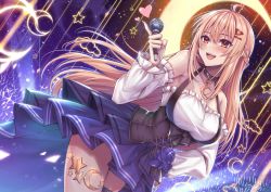 Rule 34 | 1girl, absurdres, blonde hair, blush, breasts, brown eyes, choker, cowboy shot, crescent moon, detached sleeves, dress, frills, gu li, hair ornament, hairclip, heart, highres, holding, holding microphone, indie virtual youtuber, jewelry, large breasts, long hair, long sleeves, microphone, moon, open mouth, pleated dress, purple dress, smile, solo, star (symbol), thigh strap, virtual youtuber