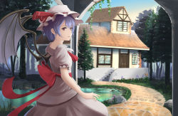 Rule 34 | 1girl, arch, ascot, bat wings, blouse, blue hair, blue sky, cobblestone, day, expressionless, flower, forest, grass, hat, hat ribbon, highres, house, looking at viewer, mob cap, nature, outdoors, parted lips, pink shirt, pink skirt, pond, puffy short sleeves, puffy sleeves, red eyes, remilia scarlet, ribbon, rock, sash, shirt, short hair, short sleeves, sideways glance, skirt, skirt set, sky, solo, stairs, stucco, takeyoshi (albizia), touhou, walkway, wings