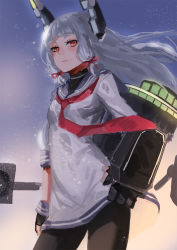 Rule 34 | 10s, 1girl, black gloves, black pantyhose, blunt bangs, breasts, deras, dress, fingerless gloves, gloves, hand on own hip, headgear, kantai collection, long hair, looking at viewer, machinery, murakumo (kancolle), orange eyes, pantyhose, sailor dress, sidelocks, silver hair, sketch, small breasts, solo