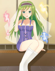 Rule 34 | 1girl, absurdres, artist request, breasts, cleavage, green eyes, green hair, hairband, highres, kneehighs, layla prismriver, long hair, looking at viewer, medium breasts, open mouth, sitting, socks, solo, touhou