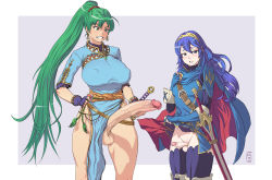 Rule 34 | 2girls, belt, blue eyes, blue hair, blush, breasts, cape, clenched teeth, clothes lift, covered erect nipples, dress, earrings, erection, fingerless gloves, fire emblem, fire emblem: the blazing blade, fire emblem awakening, futanari, gloves, green eyes, green hair, hair ornament, highres, huge penis, jewelry, kupocun, large breasts, long hair, lucina (fire emblem), lyn (fire emblem), multiple girls, nintendo, nipples, no panties, penis, penis comparison, penis size difference, ponytail, precum, simple background, skirt, skirt lift, small breasts, smile, sword, teeth, testicles, uncensored, veins, veiny penis, weapon