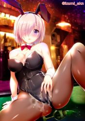 Rule 34 | 1girl, :o, alcohol, alternate costume, animal ears, arm support, bare arms, black leotard, blush, bow, bowtie, breasts, brown pantyhose, cameltoe, cleavage, commentary request, covered navel, cup, detached collar, drinking glass, eyes visible through hair, fake animal ears, fate/grand order, fate (series), female focus, hair over one eye, izumi akane, knee up, large breasts, leotard, light purple hair, looking at viewer, mash kyrielight, open mouth, pantyhose, playboy bunny, purple eyes, rabbit ears, rabbit girl, red bow, red bowtie, sexually suggestive, short hair, sitting, solo, spill, spread legs, strapless, strapless leotard, table, twitter username, type-moon, wine, wine glass, wrist cuffs