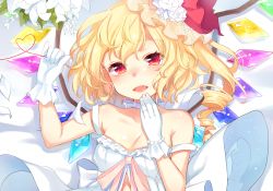 Rule 34 | 1girl, alternate costume, arm up, bare shoulders, bed sheet, blonde hair, blush, bow, choker, commentary request, drill hair, fang, flandre scarlet, gloves, hair bow, hand to own mouth, hand up, heart, heart of string, jewelry, long hair, looking at viewer, lying, on back, open mouth, paragasu (parags112), red bow, red eyes, ring, side ponytail, solo, string, string of fate, tears, touhou, upper body, wedding band, white gloves