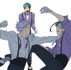 Rule 34 | 3boys, anger vein, angry, aqua hair, azul ashengrotto, battle, black hair, black pants, bow, bowtie, brothers, clenched hand, clenched teeth, clothes grab, collared shirt, dress shirt, duel, excited, floyd leech, fuse (2sau3), glasses, gloves, grey hair, heterochromia, highres, jade leech, kicking, looking at another, male focus, microphone wand, motion blur, multicolored hair, multiple boys, neck grab, open mouth, outstretched arms, pants, punching, purple shirt, purple socks, shirt, shirt tucked in, shoes, siblings, simple background, sleeves rolled up, sneakers, socks, streaked hair, suspenders, teeth, twins, twisted wonderland, undone bowtie, white background, white footwear, white gloves, white shirt, yellow eyes