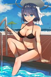 Rule 34 | 1girl, absurdres, bare legs, bikini, black bikini, blue eyes, blue sky, blush, bow, bow earrings, breasts, chain, chirpy, cleavage, cloud, collarbone, earrings, hair intakes, highres, hololive, hololive english, jewelry, large breasts, light blush, looking at viewer, mole, mole on breast, navel, ocean, on floor, ouro kronii, outdoors, sitting, sky, solo, swimsuit, umbrella, veil, virtual youtuber, wooden floor