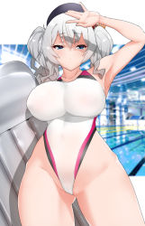 Rule 34 | 1girl, beret, black hat, blue eyes, blurry, blurry background, breasts, c@rbon, commentary request, competition swimsuit, cowboy shot, gluteal fold, hat, highleg, highleg swimsuit, indoors, inflatable raft, kantai collection, kashima (kancolle), large breasts, one-piece swimsuit, partially visible vulva, photo background, pool, shading eyes, sidelocks, silver hair, solo, swimsuit, twintails, wavy hair, white one-piece swimsuit