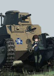 Rule 34 | 10s, 1girl, bike shorts, black shirt, black socks, blouse, boots, bottle, brown eyes, brown hair, cannon, caterpillar tracks, commentary request, day, emblem, girls und panzer, highres, holding, holding bottle, isobe noriko, looking at viewer, military, military vehicle, motor vehicle, nito (nshtntr), ooarai (emblem), ooarai military uniform, outdoors, shirt, short hair, short sleeves, sky, sleeves rolled up, socks, solo, standing, star (symbol), tank, type 89 i-gou
