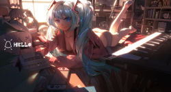 Rule 34 | 1girl, absurdres, blue eyes, blue hair, breasts, cardigan, cleavage, closed mouth, collarbone, full body, hair ornament, hatsune miku, highres, indoors, inkrua, long hair, lying, medium breasts, micro shorts, nintendo switch, on stomach, open cardigan, open clothes, pink cardigan, shorts, smile, solo, the pose, thighhighs, twintails, very long hair, vocaloid, white shorts, white thighhighs