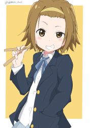 Rule 34 | 1girl, absurdres, blue jacket, blue ribbon, blue skirt, blush, border, brown eyes, brown hair, collared shirt, commentary, drumsticks, grin, hairband, hand in pocket, hand up, highres, holding, holding drumsticks, jacket, k-on!, long sleeves, looking at viewer, neck ribbon, open clothes, open jacket, outside border, ribbon, sakuragaoka high school uniform, school uniform, shirt, short hair, simple background, skirt, smile, solo, tainaka ritsu, teeth, twitter username, upper body, white border, white gorilla (okamoto), white shirt, yellow background, yellow hairband
