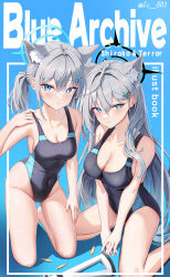 Rule 34 | 2girls, absurdres, ahoge, animal ear fluff, animal ears, bare arms, bare legs, bare shoulders, black one-piece swimsuit, blue archive, blue eyes, blue halo, blush, breasts, cleavage, closed mouth, collarbone, competition swimsuit, cross hair ornament, dark halo, dual persona, extra ears, grey hair, hair between eyes, hair ornament, halo, highres, large breasts, li se, long hair, looking at viewer, medium hair, mismatched pupils, multiple girls, official alternate costume, one-piece swimsuit, open mouth, shiroko (blue archive), shiroko (swimsuit) (blue archive), shiroko terror (blue archive), swimsuit, wolf ears