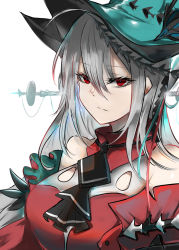Rule 34 | 1girl, aqua hat, arknights, ascot, bare shoulders, black ascot, blush, breasts, closed mouth, detached sleeves, dress, expressionless, hair between eyes, hat, headgear, highres, long hair, long sleeves, looking at viewer, medium breasts, official alternate costume, red dress, red eyes, silver hair, simple background, sizhe, skadi (arknights), skadi the corrupting heart (arknights), smile, solo, upper body, very long hair, white background