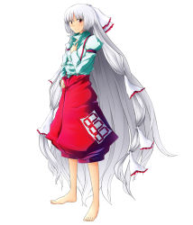 Rule 34 | 1girl, 33kudo, arm strap, barefoot, bbb (33kudo), bow, dress shirt, feet, female focus, fujiwara no mokou, full body, hair bow, hair ribbon, hand on own hip, highres, hime cut, long hair, long sleeves, looking at viewer, pants, popped collar, puffy long sleeves, puffy sleeves, red eyes, ribbon, shirt, silver hair, smile, solo, standing, suspenders, toes, touhou, tress ribbon, very long hair, white background