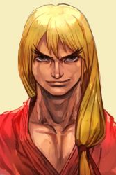 Rule 34 | 1boy, blonde hair, brown eyes, capcom, eyelashes, grin, hungry clicker, ken masters, long eyelashes, long hair, looking at viewer, male focus, simple background, smile, solo, street fighter, street fighter zero (series), upper body, yellow background