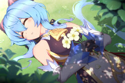 Rule 34 | 1girl, bare shoulders, bell, blue gloves, blue hair, breasts, closed eyes, detached sleeves, flower, ganyu (genshin impact), genshin impact, gloves, grass, holding, holding flower, horns, long hair, lying, medium breasts, neck bell, neko no sora, on back, outdoors, parted lips, qingxin flower, sidelocks, sleeping, solo, upper body, white sleeves