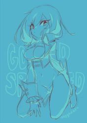 Rule 34 | 10s, 1girl, artist name, blue theme, breasts, character name, cleavage, closed mouth, cropped jacket, kneeling, lalaco godspeed, looking at viewer, mago, monochrome, pirate, revealing clothes, short hair, uchuu patrol luluco
