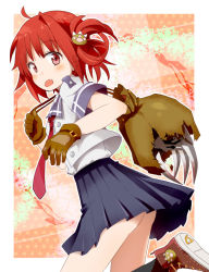 Rule 34 | 1girl, bag, blush, claws, fang, gloves, gotyou, hair ornament, looking back, open mouth, original, red eyes, red hair, school uniform, short hair, skirt, solo, torn