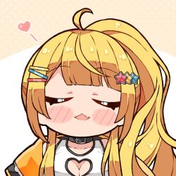 Rule 34 | 1girl, ahoge, black collar, blonde hair, blush, blush stickers, breasts, buckle, chibi, choker, cleavage, cleavage cutout, closed eyes, clothing cutout, collar, commentary, english commentary, facing viewer, hair ornament, hairclip, heart cutout, highres, hololive, incoming kiss, jacket, kukie-nyan, long hair, medium breasts, official alternate costume, official alternate hair length, official alternate hairstyle, open clothes, open jacket, side ponytail, sidelocks, solo, star (symbol), star hair ornament, tank top, upper body, virtual youtuber, white tank top, yozora mel, yozora mel (streetwear)