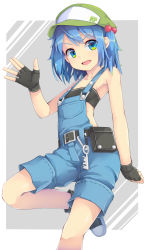 Rule 34 | 1girl, :d, alternate costume, bare shoulders, black gloves, blue eyes, blue hair, breasts, cabbie hat, fingerless gloves, flat chest, gloves, hair bobbles, hair ornament, hat, highres, kawashiro nitori, looking at viewer, open mouth, overalls, short hair, shorts, simple background, smile, solo, touhou, two side up, uumaru, v-shaped eyebrows, white background