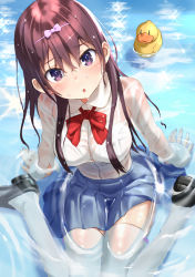 Rule 34 | 1girl, black footwear, blue skirt, blush, bow, bowtie, bra visible through clothes, breasts, brown hair, large breasts, loafers, long hair, long sleeves, looking at viewer, moe2022, original, partially submerged, pink bow, purple eyes, raika9, red bow, red bowtie, rubber duck, school uniform, see-through, shirt, shoes, skirt, solo, thighhighs, water, wet, wet clothes, wet shirt, white shirt, white thighhighs