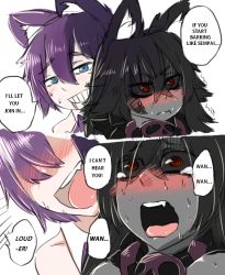 Rule 34 | 2girls, 2koma, animal ears, bad link, barking, black hair, black sclera, blue eyes, blush, cat ears, cheshire cat (monster girl encyclopedia), collar, colored sclera, colored skin, comic, derivative work, dog ears, english text, fang, grey skin, grin, hellhound (monster girl encyclopedia), j.k., monster girl, monster girl encyclopedia, monster girl encyclopedia ii, multicolored hair, multiple girls, purple hair, red eyes, sexually suggestive, smile, sweat, tears, yuri