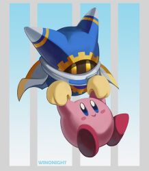 Rule 34 | artist name, blue background, blue eyes, carrying, cloak, commentary, english commentary, full body, gradient background, kirby, kirby (series), magolor, nintendo, no humans, rayman limbs, winonight, yellow eyes