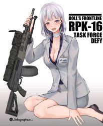 Rule 34 | 1girl, absurdres, artist name, bandaged neck, bandages, black footwear, blush, breasts, character name, cleavage, copyright name, drum magazine, english text, formal, girls&#039; frontline, grey jacket, grey skirt, grey suit, gun, headphones, highres, holding, holding weapon, id card, jacket, light machine gun, lithographica, long sleeves, looking at viewer, machine gun, magazine (weapon), medium breasts, medium hair, official style, on floor, open clothes, open mouth, open shirt, purple eyes, purple shirt, revision, rpk, rpk-16, rpk-16 (girls&#039; frontline), rpk-16 (renate) (girls&#039; frontline), shirt, shoes, silver hair, simple background, sitting, skirt, smile, solo, suit, twitter username, weapon, white background