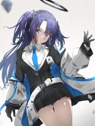 Rule 34 | 1girl, absurdres, bad id, bad twitter id, belt, belt pouch, black gloves, black skirt, blue archive, blue necktie, closed mouth, collared shirt, gloves, half gloves, halo, heimu (heim kstr), highres, id card, jacket, long hair, looking at viewer, miniskirt, multicolored clothes, multicolored jacket, necktie, open clothes, open jacket, panties, pantyshot, parted bangs, pleated skirt, pouch, purple eyes, purple hair, shirt, skirt, solo, two-sided fabric, two-sided jacket, two-tone jacket, two side up, underwear, white belt, white panties, white shirt, yuuka (blue archive)