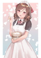 Rule 34 | 1girl, alternate costume, apron, black dress, blush, bow, breasts, commentary request, dress, drill hair, enmaided, hair between eyes, hair bow, harukaze (kancolle), highres, holding, kantai collection, looking at viewer, maid, maid headdress, medium breasts, parted lips, petals, red bow, red eyes, rice, sakieko, shamoji, short sleeves, simple background, solo, white apron