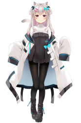 Rule 34 | 1girl, animal ear fluff, animal ears, black dress, black footwear, black pantyhose, blue bow, blush, boots, bow, cat ears, cat girl, cat tail, closed mouth, commentary request, covered collarbone, dress, full body, grey hair, hair bow, hair ornament, hairclip, indie virtual youtuber, jacket, long hair, long sleeves, looking at viewer, natsume eri, natsume eri (vtuber), off shoulder, open clothes, open jacket, pantyhose, pleated dress, red eyes, ribbed sweater, simple background, sleeves past fingers, sleeves past wrists, smile, solo, standing, strapless, strapless dress, sweater, tail, turtleneck, turtleneck sweater, two side up, virtual youtuber, white background, white jacket, white sweater