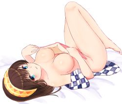 Rule 34 | 1girl, areola slip, bad id, bad pixiv id, barefoot, blue eyes, blush, book, breasts, brown hair, c8oyk, cleavage, collarbone, completely nude, covering breasts, covering privates, full body, groin, hairband, holding, holding book, idolmaster, idolmaster cinderella girls, knees up, large breasts, long hair, looking at viewer, nude, nudist, off shoulder, open book, open clothes, parted lips, sagisawa fumika, shiny skin, simple background, smile, solo, tareme, thighs, white background, yellow hairband