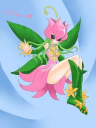 Rule 34 | 1girl, bandai, bare legs, boots, breasts, digimon, fairy, fairy wings, female focus, flower, legs, lilimon, looking at viewer, solo, wings, ygm