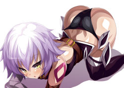 Rule 34 | 1girl, all fours, ass, bandages, bare shoulders, belt, black panties, black thighhighs, blush, boots, fate/apocrypha, fate/grand order, fate (series), gloves, jack the ripper (fate/apocrypha), looking at viewer, open mouth, panties, scar, shadow, shimejinameko, shiny skin, short hair, silver hair, simple background, solo, tattoo, thigh boots, thighhighs, underwear, white background, yellow eyes