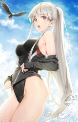 Rule 34 | 1girl, :o, alternate costume, alternate hairstyle, armpit peek, azur lane, bare shoulders, bird, black one-piece swimsuit, blue sky, blush, breasts, cloud, competition swimsuit, cowboy shot, day, eagle, enterprise (azur lane), fish, from below, groin, hair between eyes, impossible clothes, impossible swimsuit, long hair, long sleeves, looking at viewer, medium breasts, off shoulder, one-piece swimsuit, open mouth, outdoors, ponytail, purple eyes, rash guard, sidelocks, sky, sleeves past wrists, solo, sparkle, splashing, surprised, swimsuit, thighs, tokki, unzipping, very long hair, water, water drop, wet, wet hair, white hair