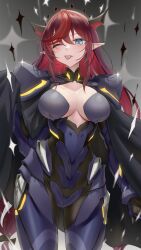 Rule 34 | 1girl, ;p, absurdres, armor, blue eyes, breasts, cape, creator connection, fate/grand order, fate (series), highres, hololive, hololive english, horns, irys (hololive), large breasts, odysseus (fate), one eye closed, pauldrons, pointy ears, power armor, red hair, shoulder armor, solo, somebody (leiking00), tongue, tongue out, virtual youtuber