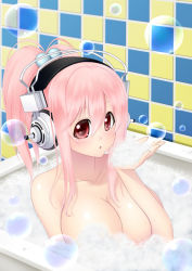 Rule 34 | 1girl, :o, alternate hairstyle, antenna hair, bath, bathing, bathtub, blowing, blush, breast press, breasts, bubble, bubble bath, blowing bubbles, convenient censoring, foam, hair between eyes, hair bobbles, hair ornament, hair up, headphones, high ponytail, indoors, kai (link2262), large breasts, long hair, looking at viewer, nitroplus, nude, open mouth, pink hair, ponytail, red eyes, sidelocks, sitting, soap bubbles, soap censor, solo, super sonico, upper body, wet