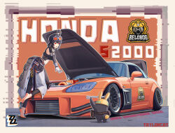 1girl absurdres ayanami00asuka barefoot black_hair car feet goggles grace_howard highres long_hair motor_vehicle orange_eyes parted_lips ponytail soles toes zenless_zone_zero