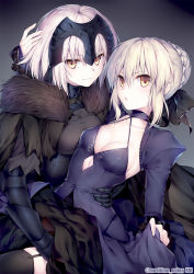 Rule 34 | 2girls, :o, arm around shoulder, armor, armored dress, artoria pendragon (all), artoria pendragon (fate), black background, black cape, black legwear, black ribbon, braid, breastplate, breasts, cape, choker, cleavage, closed mouth, collarbone, cowboy shot, detached sleeves, diamond (shape), dress, fate/grand order, fate/stay night, fate (series), fur trim, garter straps, gauntlets, gorget, hair between eyes, hair bun, hair ribbon, hand on another&#039;s head, hand under clothes, headpiece, highres, jeanne d&#039;arc (fate), jeanne d&#039;arc (ruler) (fate), jeanne d&#039;arc alter (avenger) (fate), jeanne d&#039;arc alter (avenger) (first ascension) (fate), jeanne d&#039;arc alter (fate), long hair, long sleeves, md5 mismatch, medium breasts, multiple girls, obiwan, parted lips, puffy sleeves, purple dress, ribbon, saber (fate), saber alter, silver hair, single hair bun, skirt hold, small breasts, thighhighs, twitter username, yellow eyes