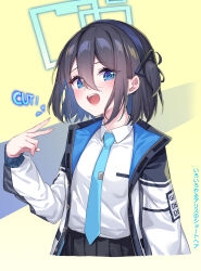 Rule 34 | 1girl, :d, absurdres, alternate hair length, alternate hairstyle, aris (blue archive), arm behind back, black hair, black hairband, black skirt, blue archive, blue eyes, blue necktie, blush, breasts, collared shirt, english text, hairband, halo, hand up, happy, highres, jacket, looking at viewer, medium hair, necktie, open clothes, open jacket, open mouth, pizza (pizzania company), pleated skirt, pointing, pointing at self, shirt, side ponytail, skirt, small breasts, smile, solo, teeth, unzipped, upper teeth only, white background