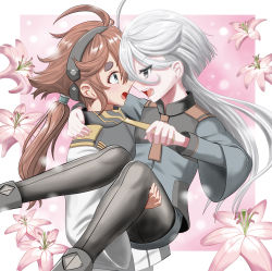 Rule 34 | 2girls, ahoge, carrying, cresc info, eye contact, flower, green eyes, grey eyes, grey hair, gundam, gundam suisei no majo, hairband, highres, light blush, lily (flower), long hair, looking at another, military, military uniform, miorine rembran, multiple girls, necktie, necktie grab, neckwear grab, open mouth, pink background, ponytail, princess carry, red hair, simple background, suletta mercury, teeth, thick eyebrows, uniform, upper teeth only, yuri